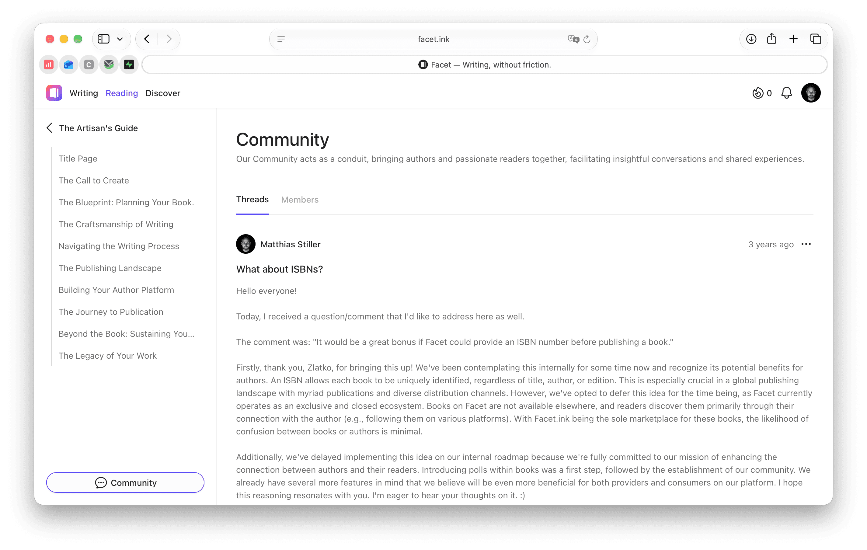 The community space of a book with a discussion thread
