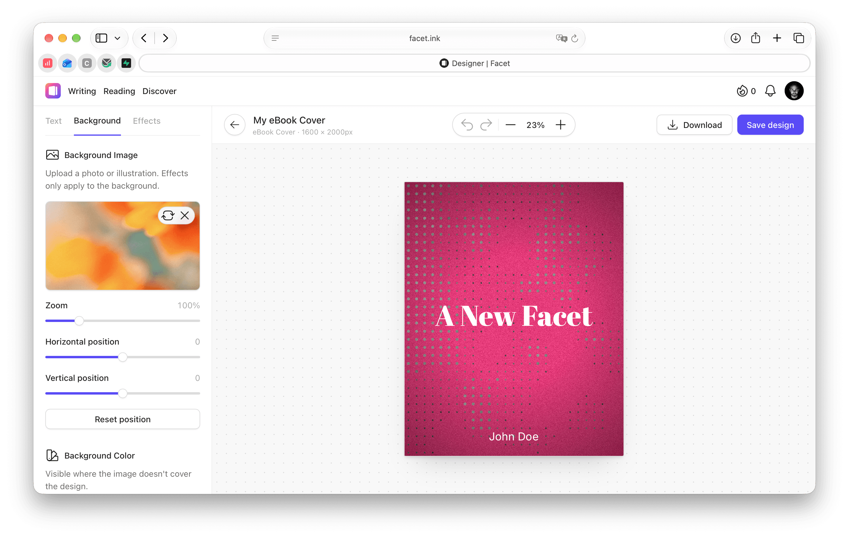 The cover designer showing an eBook cover with background settings